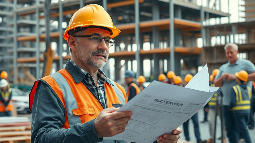 Construction project supervision expert reviewing blueprints on active city site