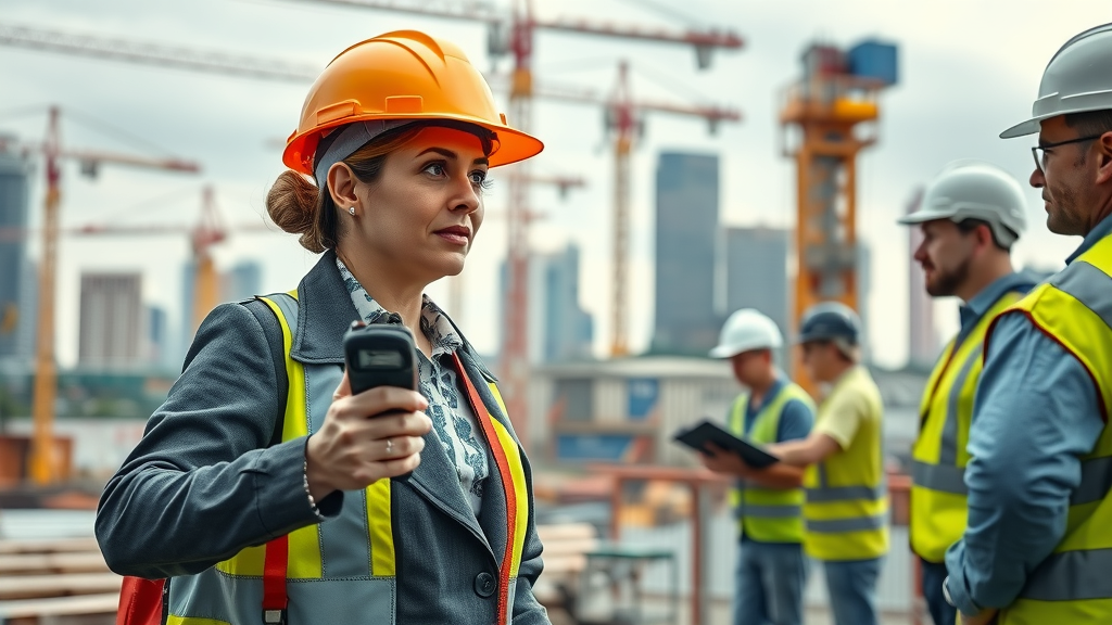 Construction project supervision woman directing team in city environment