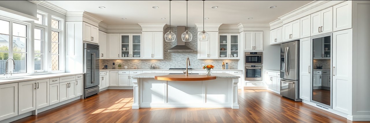 Modern upscale kitchen renovation by general contractor with white cabinets and stainless steel appliances.