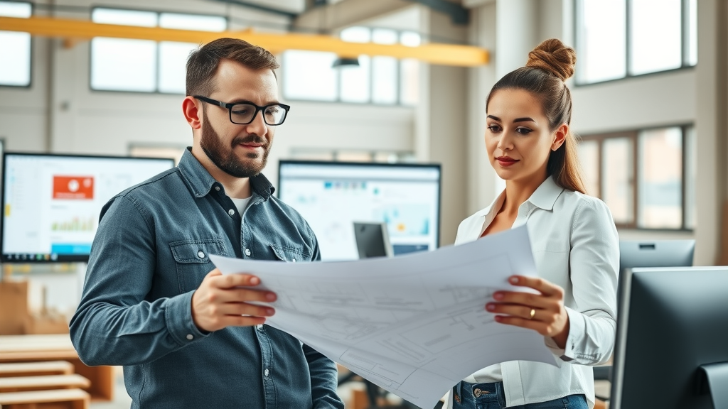 Professional general contractor team reviews project blueprints for home renovation