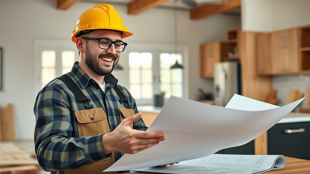 General contractor discusses renovation plans with homeowner in remodeled kitchen