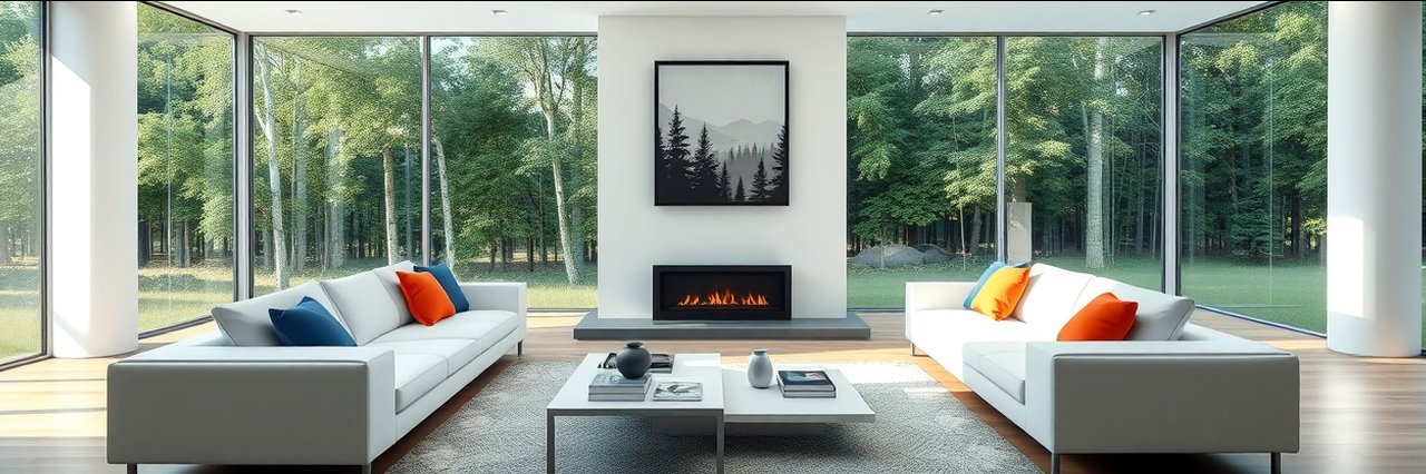 Modern minimalist living room with large windows, perfect for construction planning inspiration.