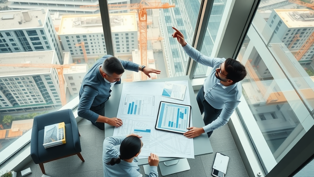 Team reviewing construction planning blueprints in a modern office