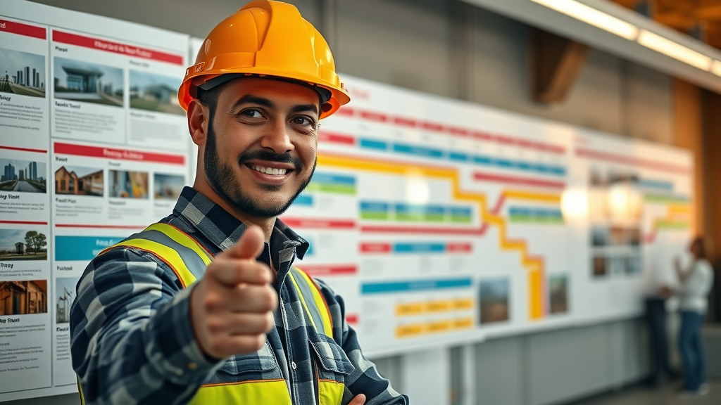 Construction planning leader explains project schedule to team