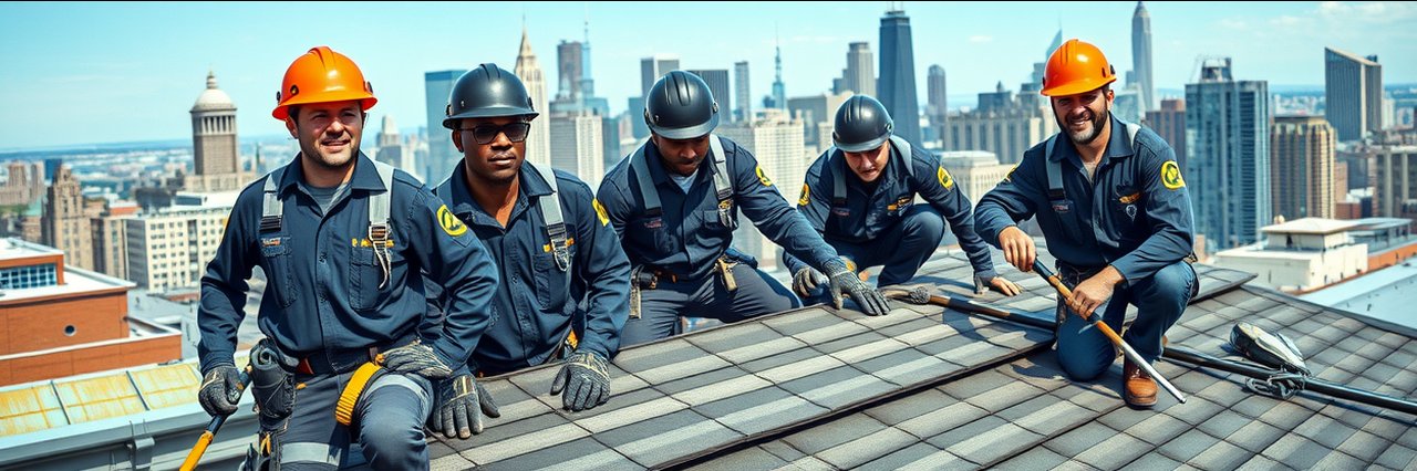 NYC roofing services team working atop city roof with skyline in background