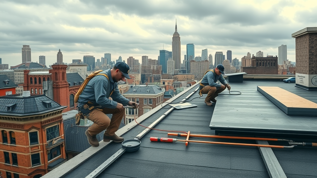 NYC roofing services experts repairing city rooftop with skyline view.