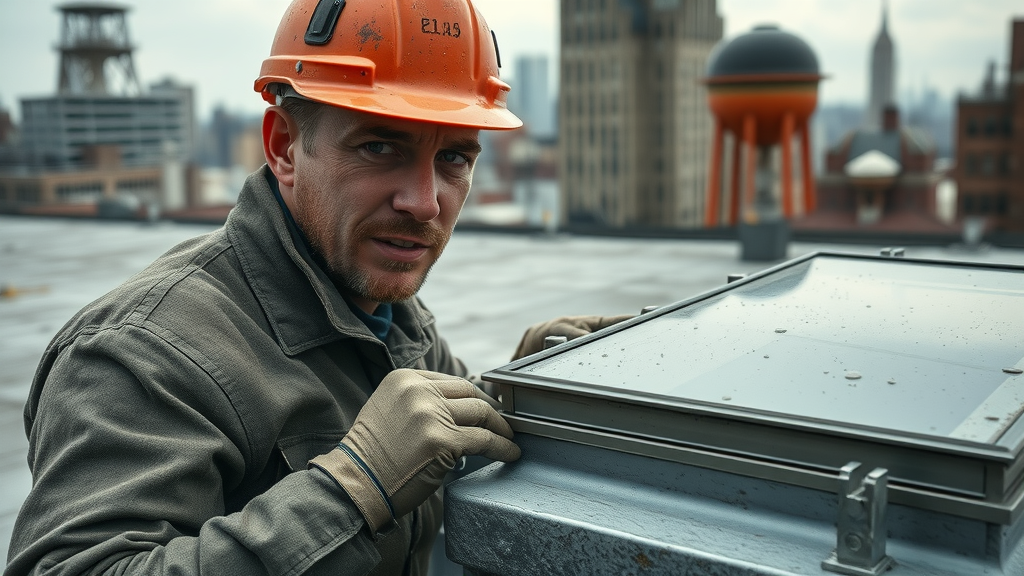 Expert NYC roofing services fixing leaks on classic city flat roof.