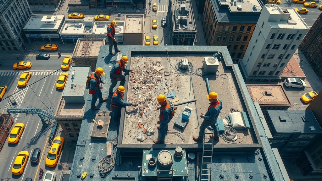 NYC roofing services team maintaining urban apartment building roof.