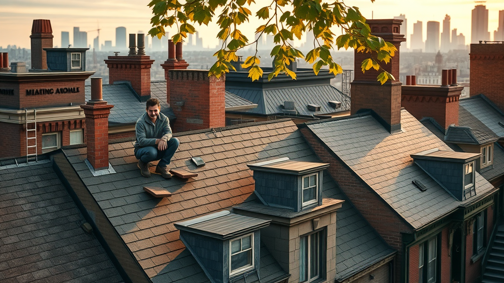 NYC roofing services restoring brownstone rooftop with iconic city backdrop.