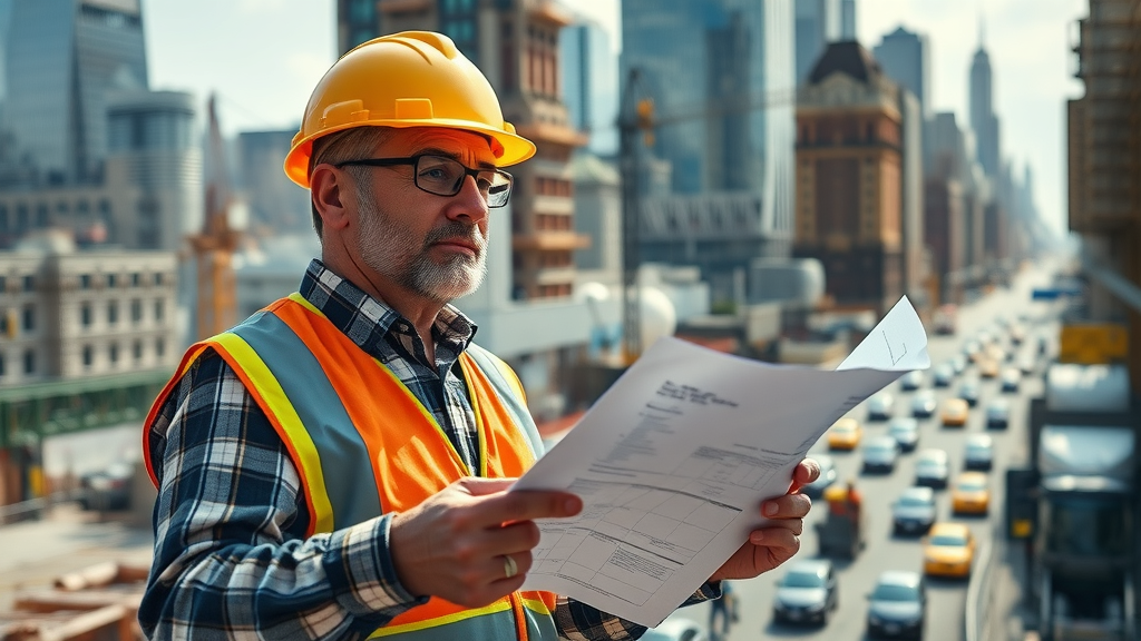 Confident NYC general contractor reviews blueprints at city construction site