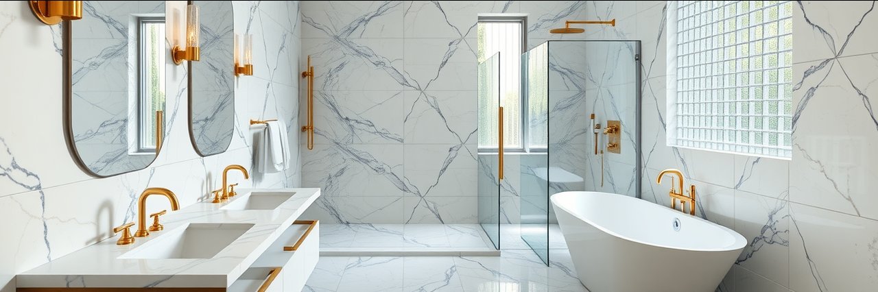 Luxurious modern bathroom remodeled with marble walls and gold fixtures showcasing home remodeling services.
