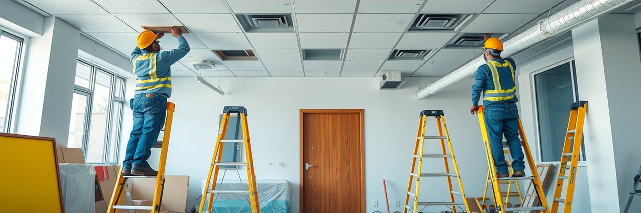 Commercial renovation NYC with workers remodeling an office interior space