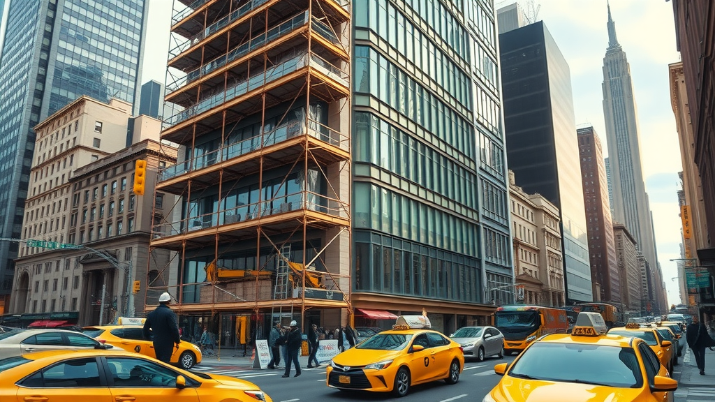 Commercial renovation NYC: Manhattan building under vibrant renovation with cityscape.