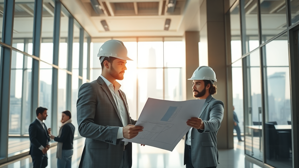 Modern NYC office renovation: designer and contractor planning stylish transformation.