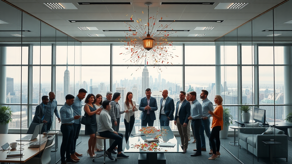 Commercial renovation NYC: bright new business space with team celebrating success.