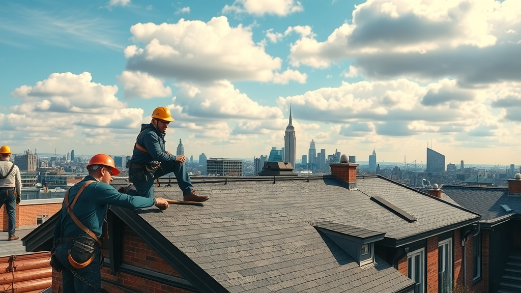 NYC roofing services upgrading brownstone roofs with professionals at work