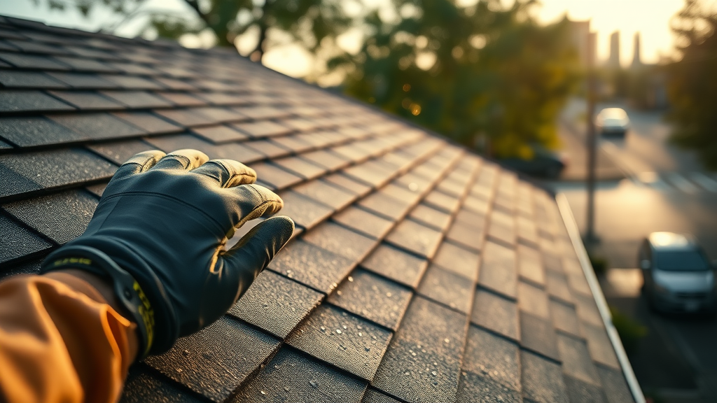 Close-up of NYC roofing services showing secure new shingles in the rain