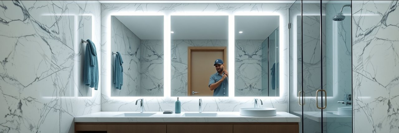 Bathroom interior renovation featuring marble walls and modern lighting.