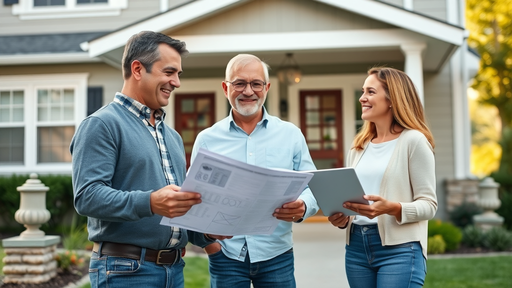 Contractor and clients review interior exterior renovations on modern home