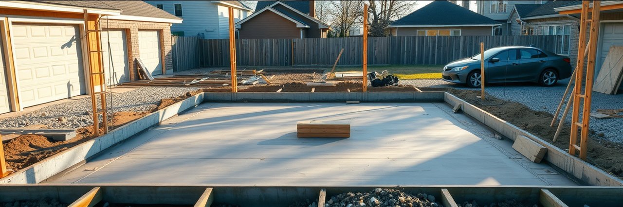 NYC home renovation site with new concrete foundation slab in suburban setting