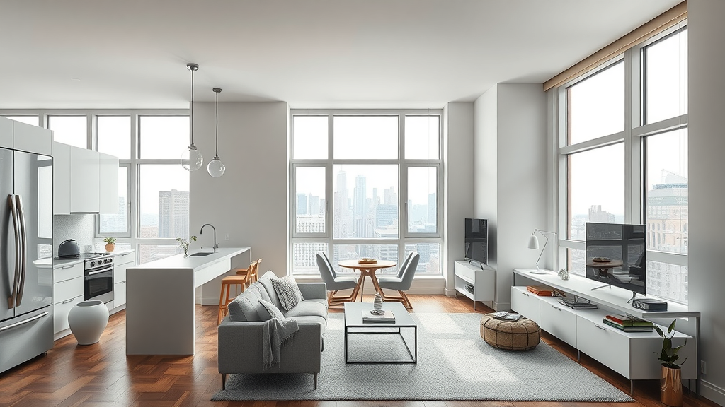 Modern nyc home renovation open-concept apartment with city skyline view