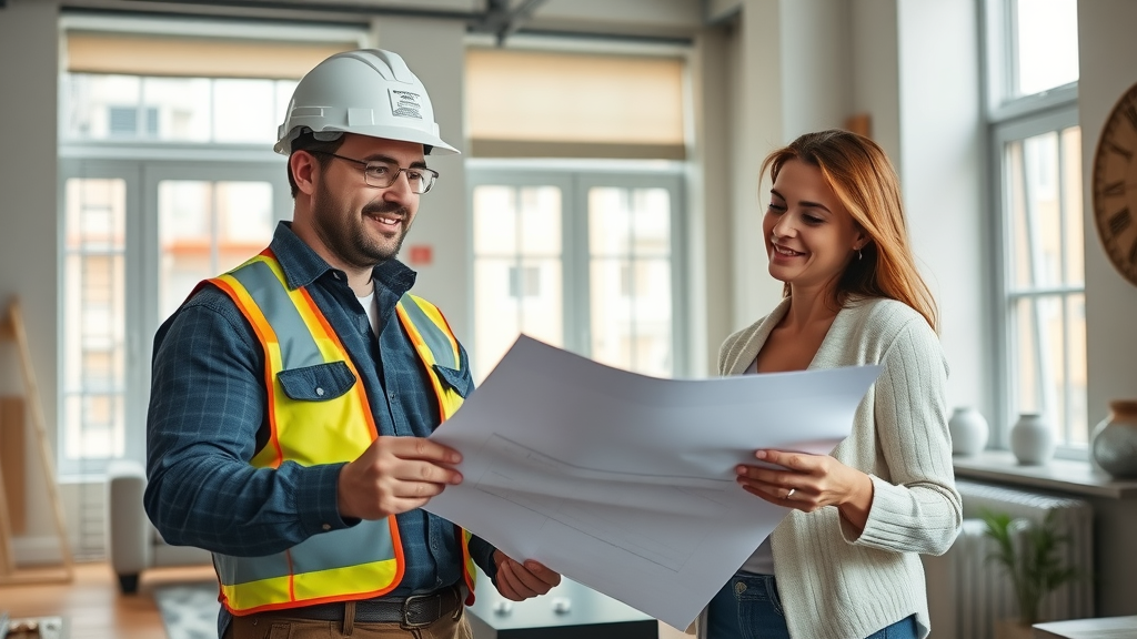 NYC home renovation expert consulting with homeowner in modern apartment