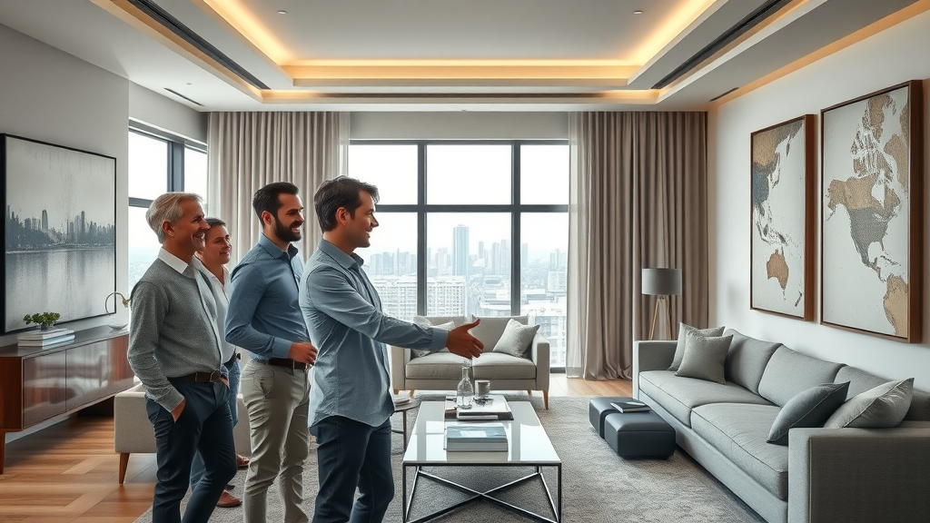 Team of architects and designers unveiling finished project in upscale home